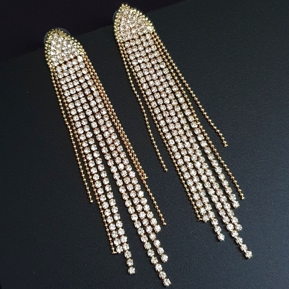 Gold Beaded Tassel Bling Dangle Earrings - Picture 2 of 5